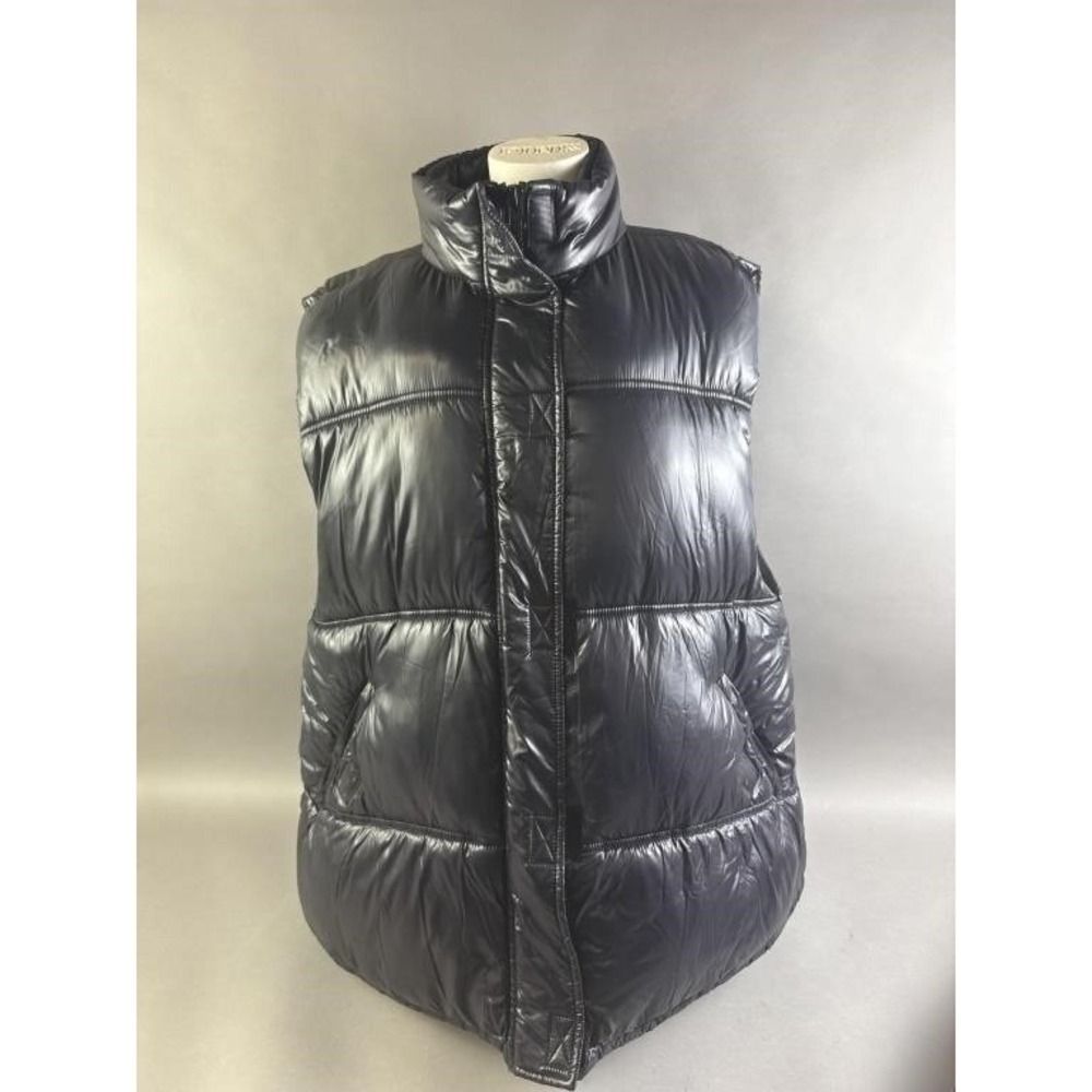 Topshop Women's Black Shiny Oversized Quilted Puffer Vest Size M Full Zip